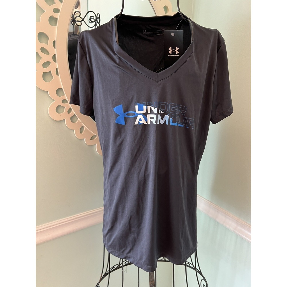 UNDER ARMOUR S Gray blue‎ logo v neck t-shirt Short Sleeve  NWT